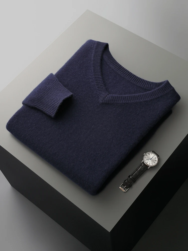 

MEETCC 2025 Новый мужской базовый пуловер из 100% кашемира, осень-зима, толстый теплый свитер с v-образным вырезом, умный повседневный трикотаж из 100% кашемира