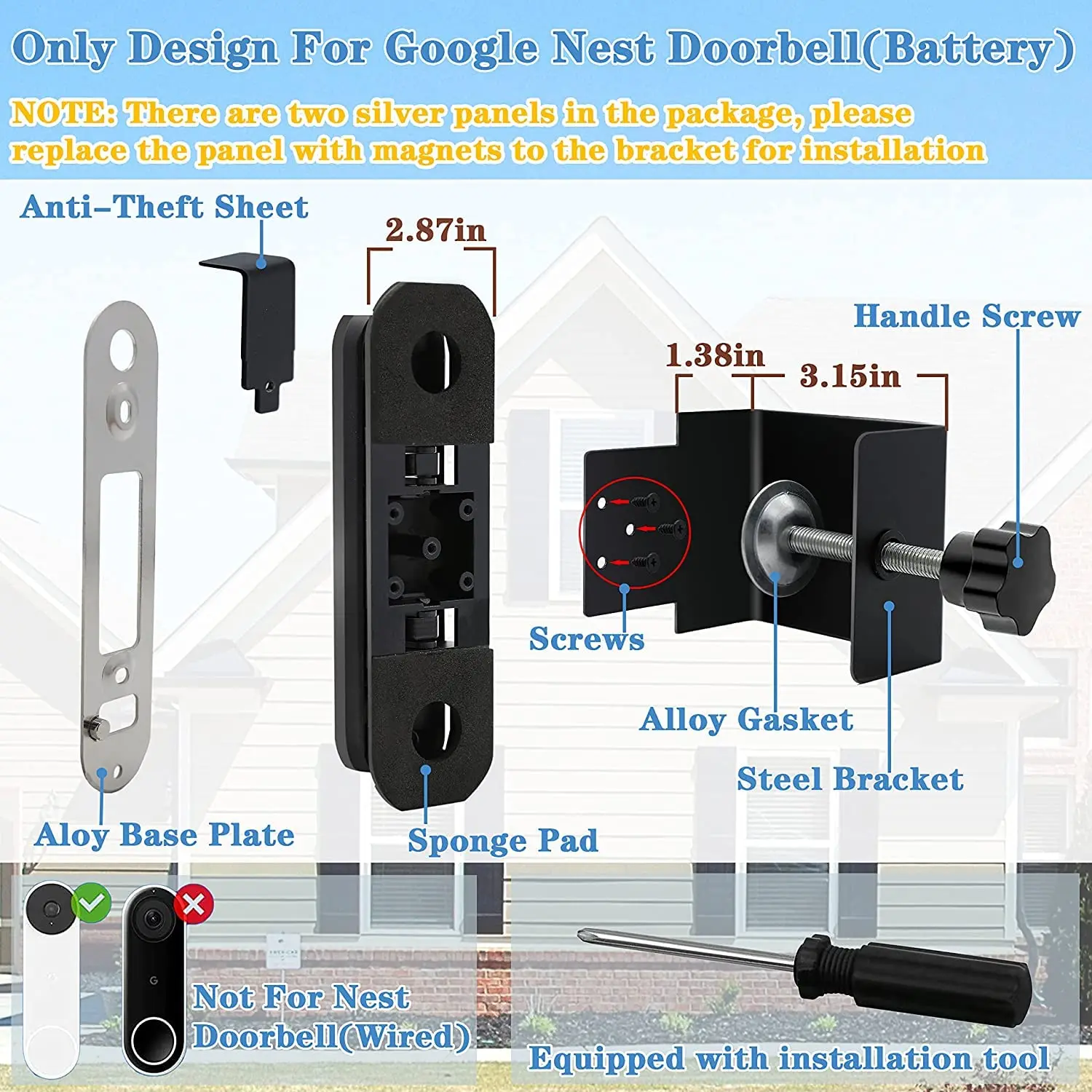 Adjustable angle door clip bracket+silicone protective cover,For Google Nest Doorbell(2021 Battery version)visual doorbell brack