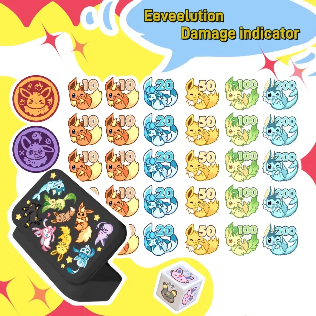 PTCG Pokemon Match Scoring Damage Counter Damage Indicator Double-sided Role-playing Game Eeveelution Keychain Fourteenth Wave