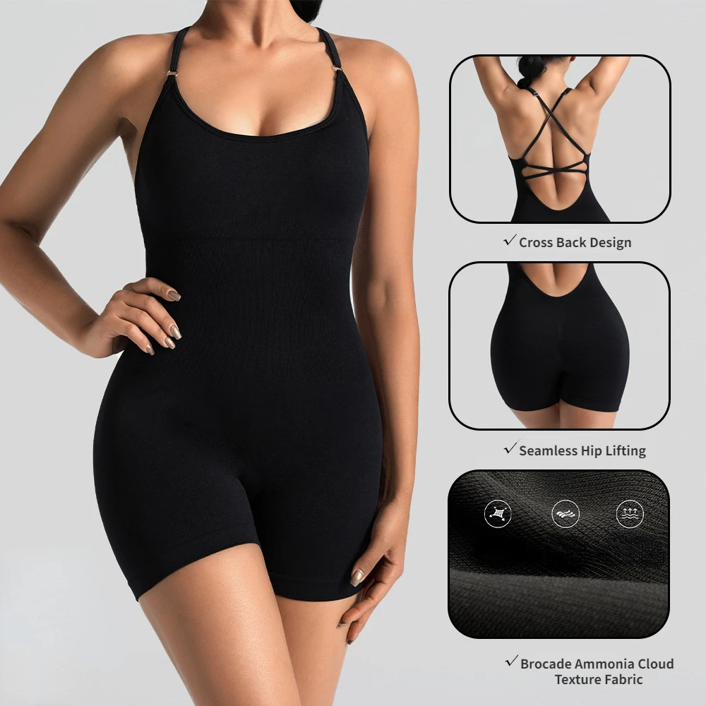 Yoga Sexy Cross Backless Fitness Jumpsuit Woman One Piece Running Workout Sleeveless Scrunch Top Shorts Enterizo Deportivo Mujer