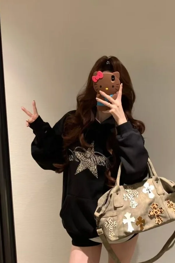 

American Retro Leopard Print Star Print Hooded Sweatshirt Women Autumn Winter New Loose Casual Versatile Long-Sleeved Top