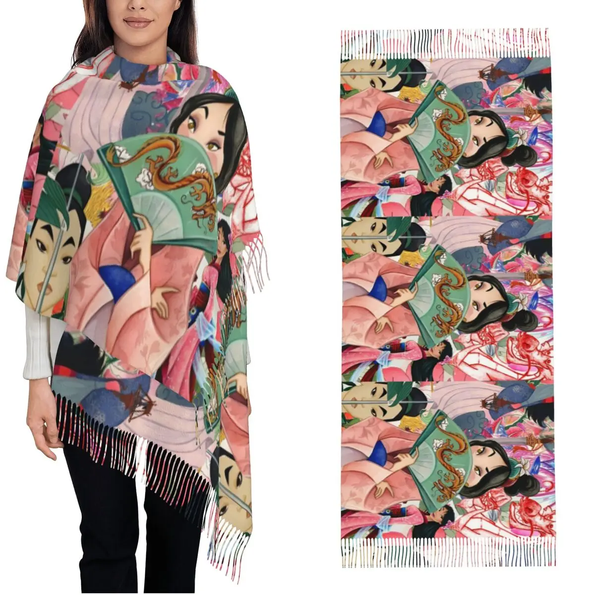 Womens Tassel Scarf Mulan Princess Beaty Cartoon Large Winter Warm Shawl Wrap Cute Mushu Daily Wear Pashmina Scarves