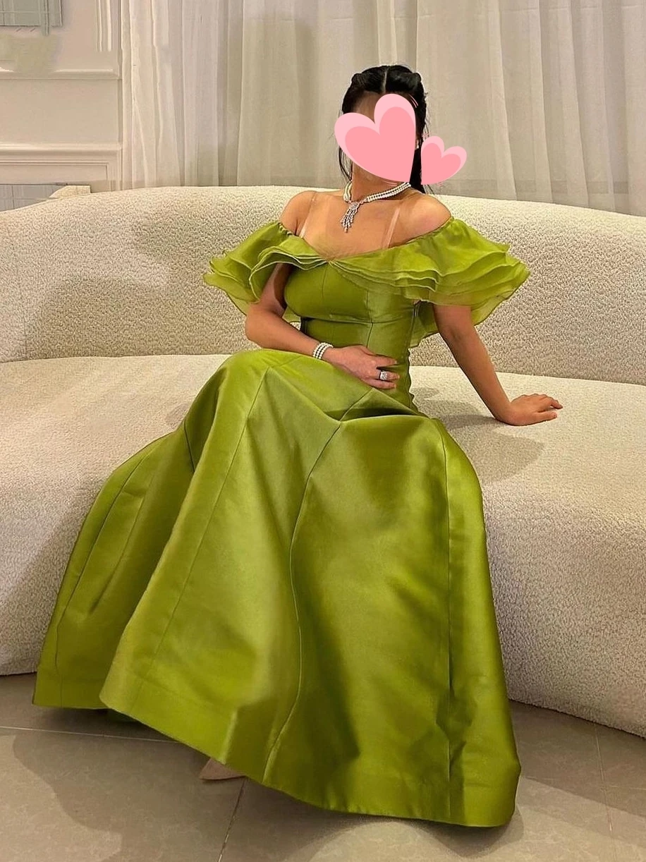 

Oisslec Prom Dress Elegant Vintage Sweet Green Satin Off the Shoulder Ruffle Formal Occasion Prom Dress Evening Party Gowns