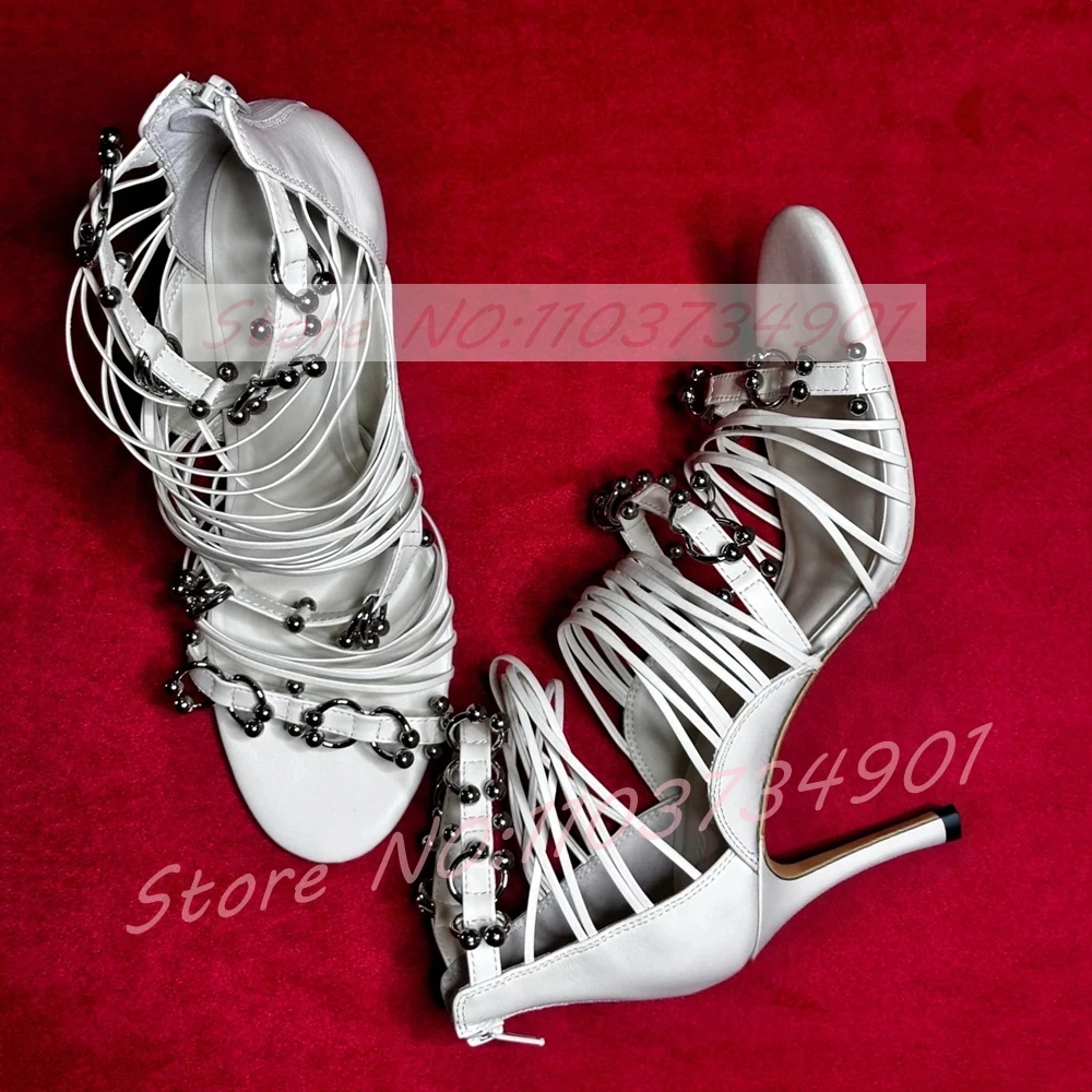 Sandalias de tacón de aguja con anillo perforado para mujer, sandalias blancas con punta abierta y correa en el tobillo, tacones altos, moda femenina, zapatos elegantes Reme para fiesta