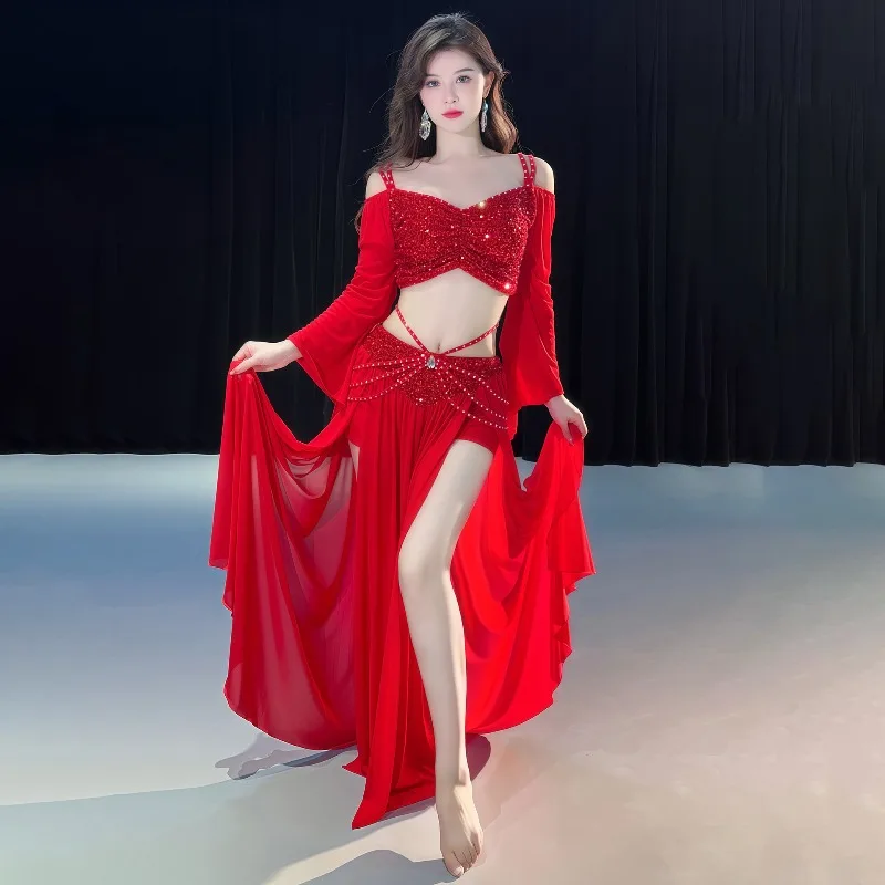 Women Belly Dance Costume Set Mesh Long Sleeves Top Long Skirt Training Suit Oriental Belly Dancing Wear Outfit Cosplay Clothing view 2