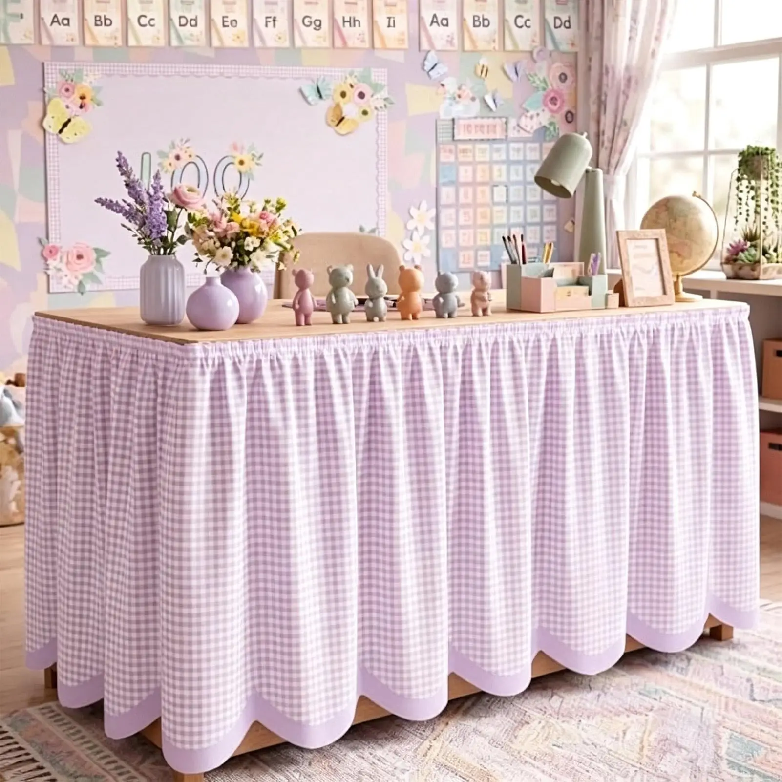 Teacher Desk Skirt 6FT Checkered Ruffled Tablecloth Decoration Desk Sleeve for Classroom School Office Festivals Parties