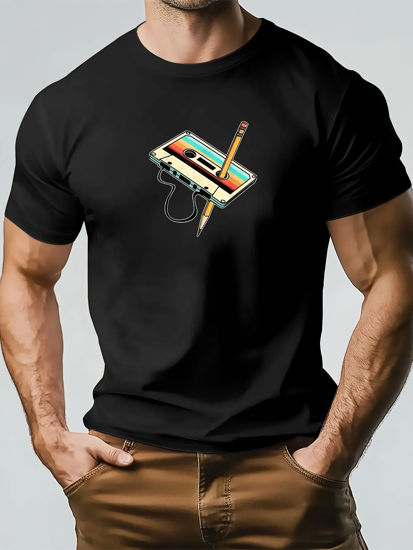 Men's Retro Cassette Tape & Pencil Graphic T-Shirt - 50% Cotton Crew Neck Tee, Regular Fit Short Sleeve with Slight Stretch,