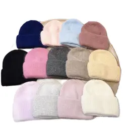 Puszyste czapki beanie zimowe damskie dorywczo przyjemny wypoczynek czapka zwinięte ciepłe czapki z dzianiny czapki królicze futrzane czapki dla kobiet