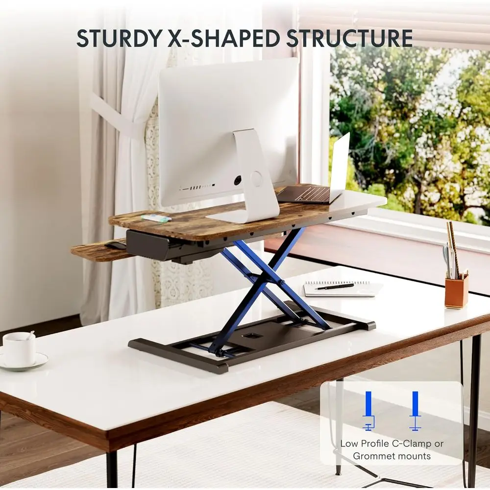 Rialzo per Scrivania Motorizzato 35, Convertitore per Scrivania Regolabile in Altezza per Computer e Laptop, Stile Rustico