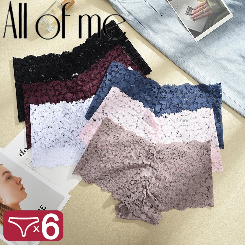 6Pcs Lace Floral Boyshorts Transparent Pantys for Women Sexy Hollow Out Solid Panties Female Low-Waist Breathable Girls Lingerie