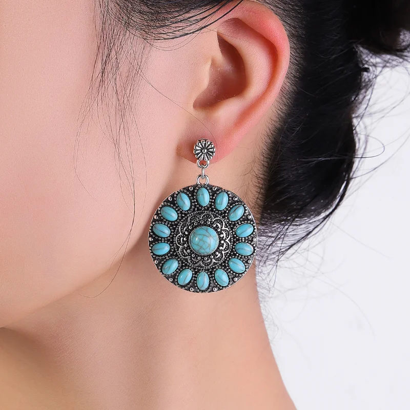 Bohemia Turquoises Earrings Silver Color Round Hoop Earrings For Women Female Party Earring Fashion Jewelry Accessories Gifts
