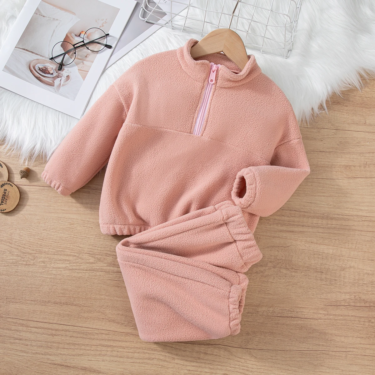 

Girls Winter Casual Outfit Solid Color Fleece Thickened Hoodie Pants Clothes Set Half-Zip Children Sweater Sets
