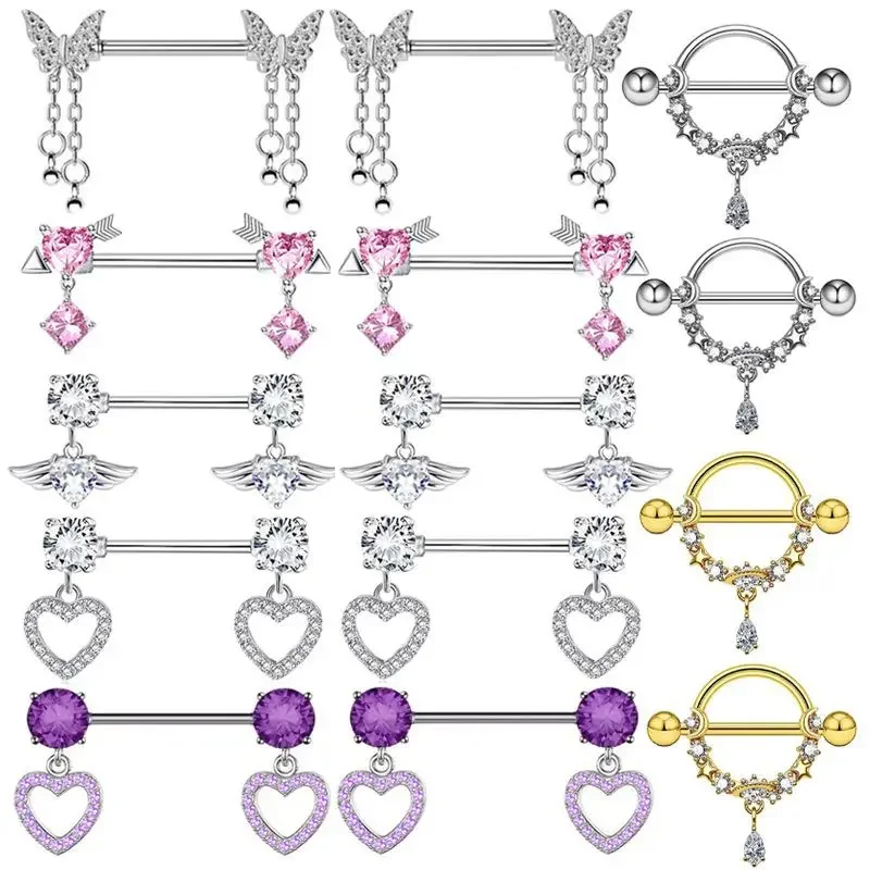 1Pair Stainless Steel Pink Nipple Piercing Jewelry Heart Wings Niplple Barbell Moon Devil Nipple Rings Body Piercing Pezon Mujer