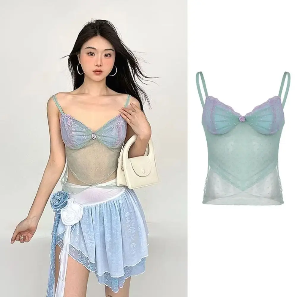 

Chic Spicy Girl Style Mesh Camisole Slim Fit Cross Hem Dots Hollow Vest Streetwear Transparent Tube Tops Club