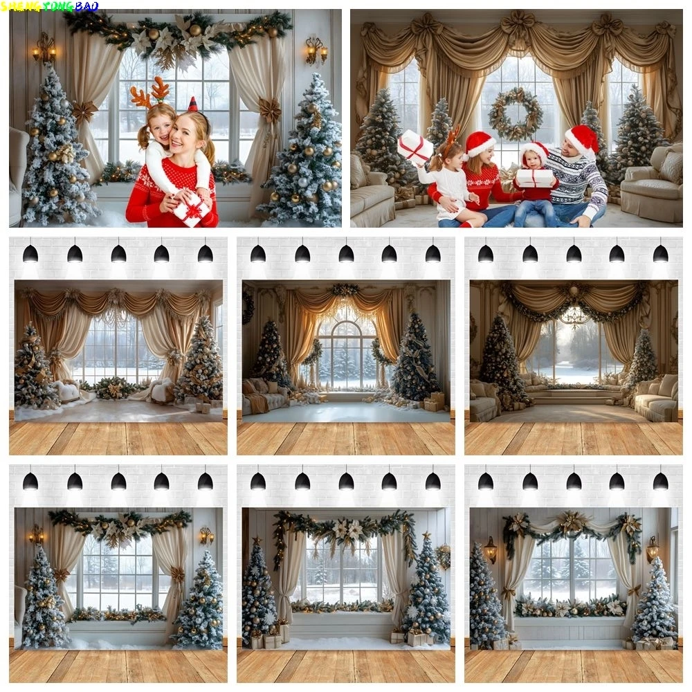 Weihnachten Porträt Fotografie Hintergrund Innenraum Fenster Vorhänge Weihnachtsbaum Familie Party Foto Hintergrund Dekor Fotostudio