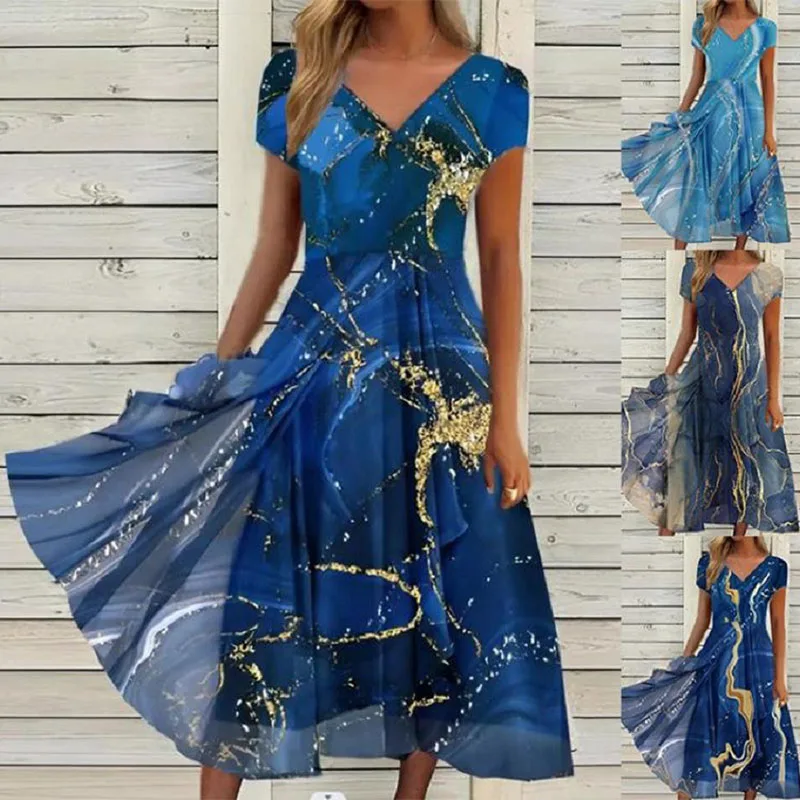 Abito lungo estivo da donna elegante vintage Abito estivo da spiaggia con scollo a V sexy Casual Boho Holiday Abiti stampati larghi Abiti femminili