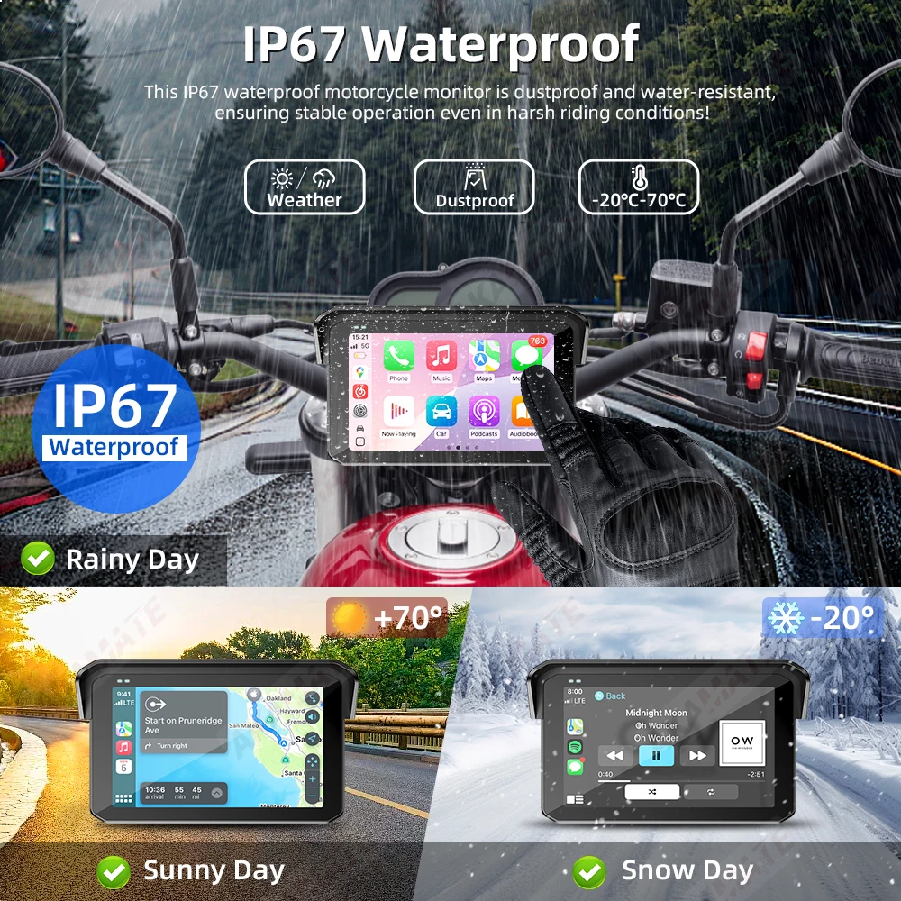 شاشة دراجة نارية لاسلكية CarPlay أندرويد السيارات بلوتوث الملاحة 5 بوصة IPS شاشة محمولة مقاوم للماء GPS التحكم عن بعد
