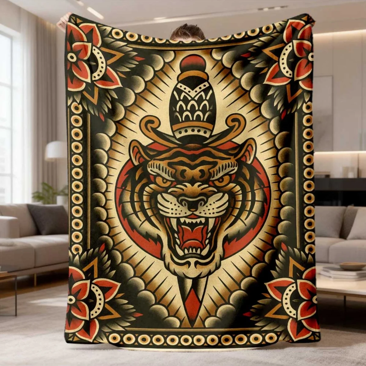 Classic Retro Tattoo Tiger Head Decorative Frame Pattern Flannel Blanket Warm Throw For Lounge Bedroom Holiday Warm Gift