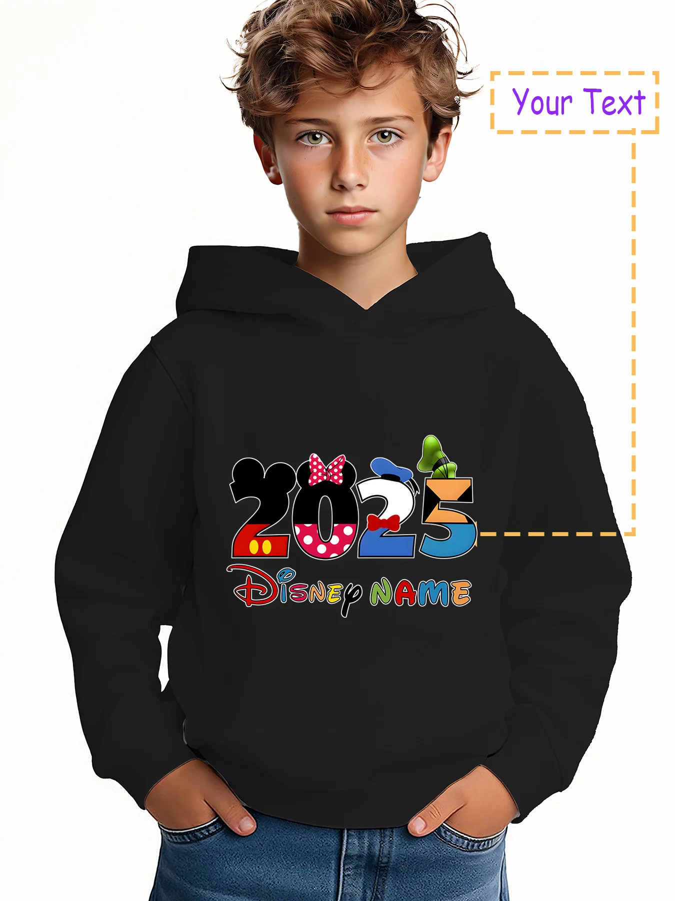 

MINISO 2025 Disney Character Hoodie - Digitally embroidered with 2025 Disney characters, custom "Disney Name." Officially licens