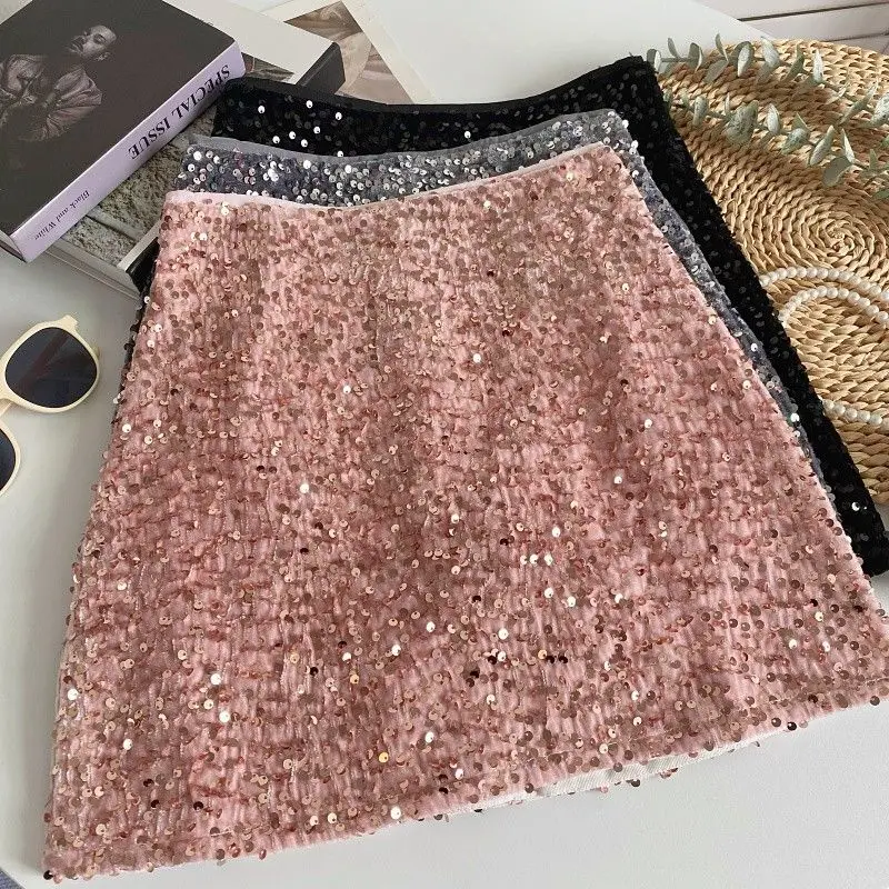 Wedbleser Fashion Korean Versatile Design Sparkling Sequins High Waist Slimming Short A-line Hip Hugging Skirts Women