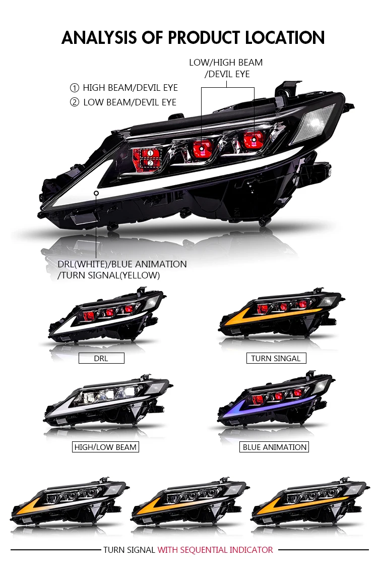 Headlights for Toyota Camry 8th Gen 2018-2024 Triple Beam Front Lamp Assembly