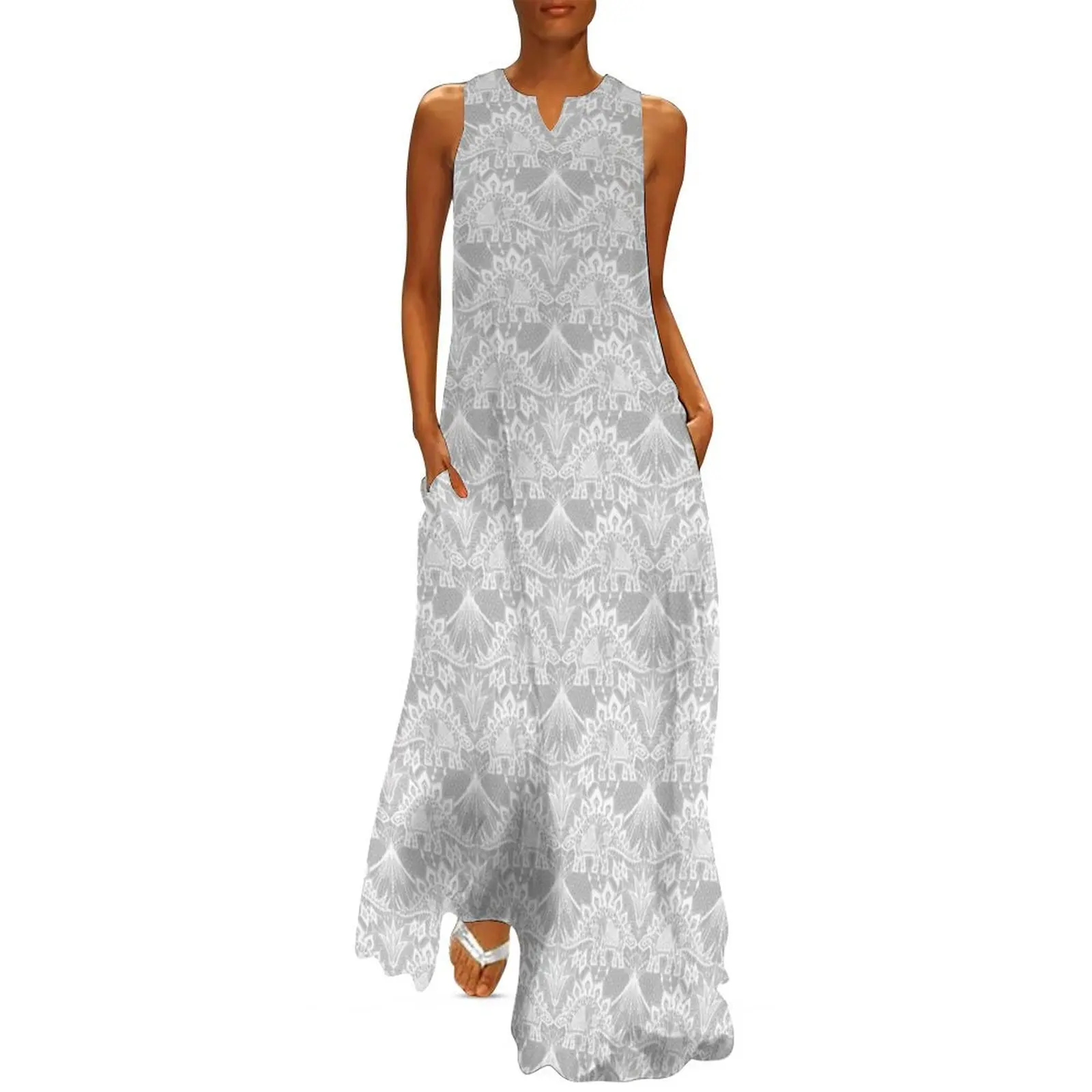 

Stegosaurus Lace - White Long Dress Summer skirt Women"s long dress