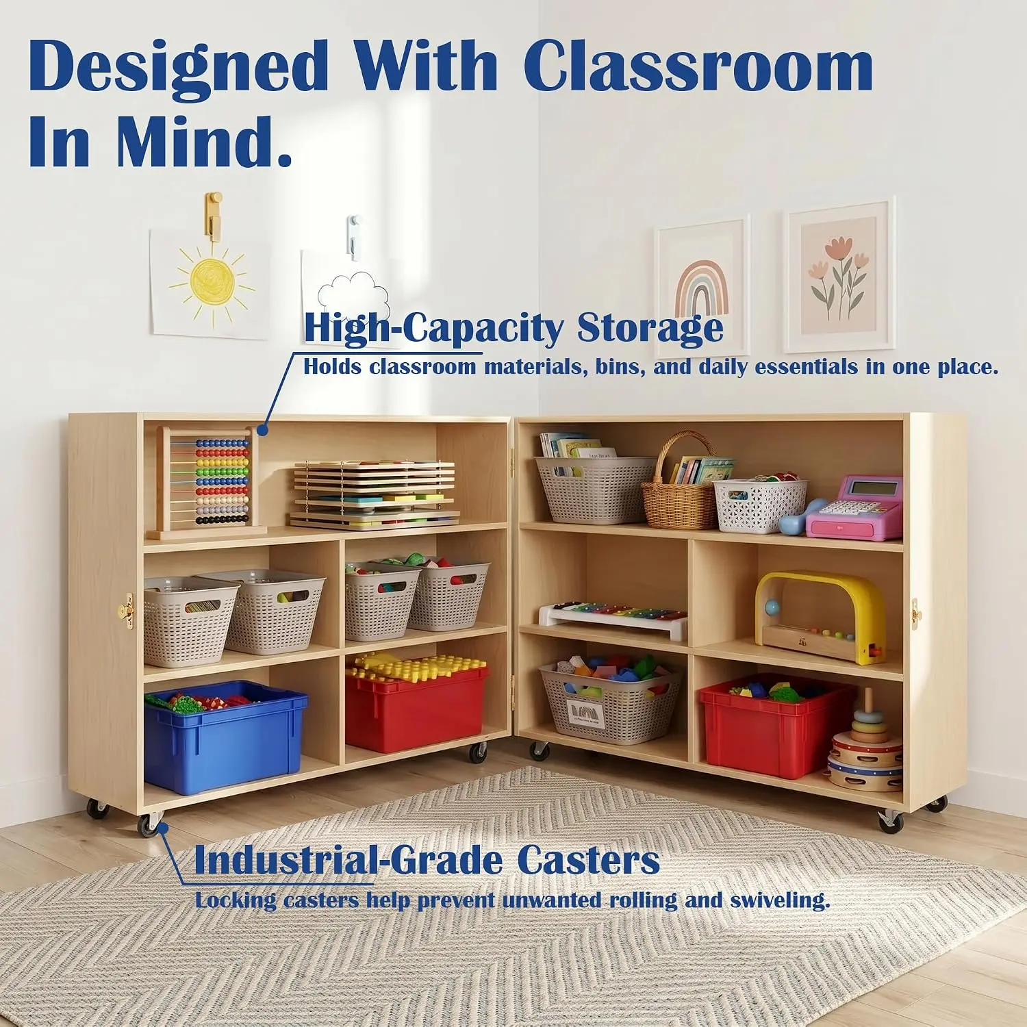 Birch Wood Folding Storage Cabinet on Wheels, Foldable Bookcase & Toy Organizer for Daycare School Home, Customized