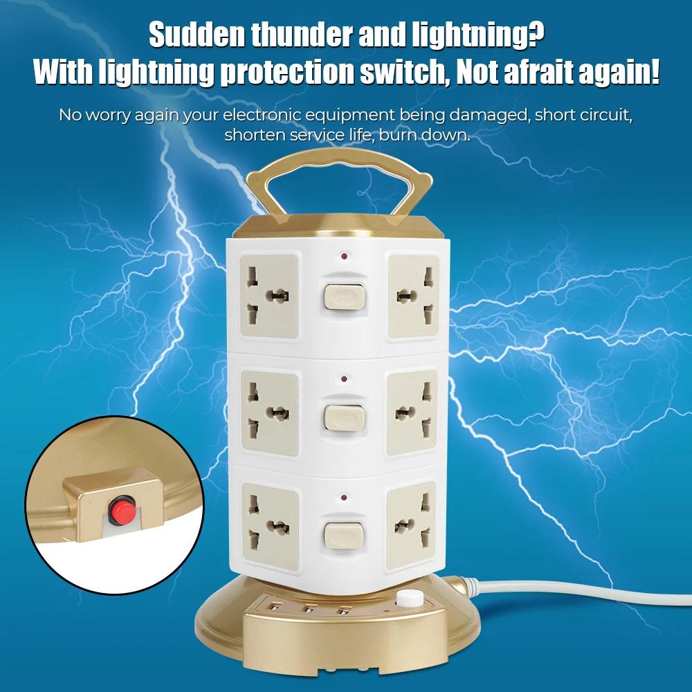 Vertical EU US UK AU Universal Socket 1.8m Cord Tower Multi Power Strip Overload Protector 12 Way Outlets With 3 USB EU Plug