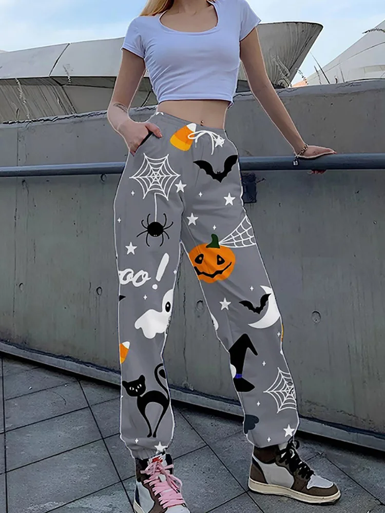 Elastic Waist Spring Autumn Trousers, Women Pumpkin Printed Holiday Pencil Pants, Loose Pocket Halloween Streetwear Dropshipping