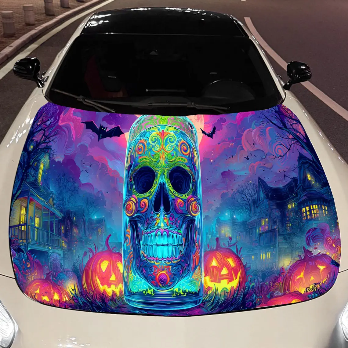 

Яркий сахарный череп, наклейка на капот двигателя автомобиля на Хэллоуин, авто виниловые обертывания, водонепроницаемая самоклеящаяся наклейка на автомобиль, прочная и анти-