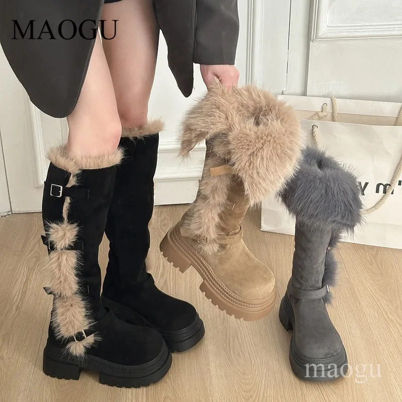 

Faux Fur Suede Platform Winter Snow Boots Buckle Straps Warm Fluffy Non-Slip Knee-High Long Boots Fashion Female Footwear Size35