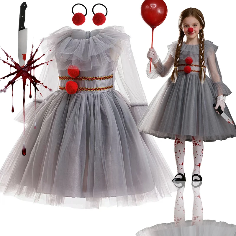 2026 Freaky Grey Circus Clown Role Play Dress Children Cosplay Lace Skirt Halloween Party Costume 1-12Yrs