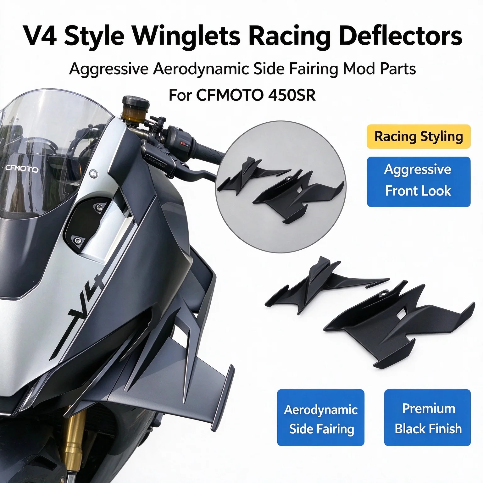 V4 Style Winglets, Racing Deflectors for CFMOTO 450SR|Aggressive Aerodynamic Side Fairing Mod Parts
