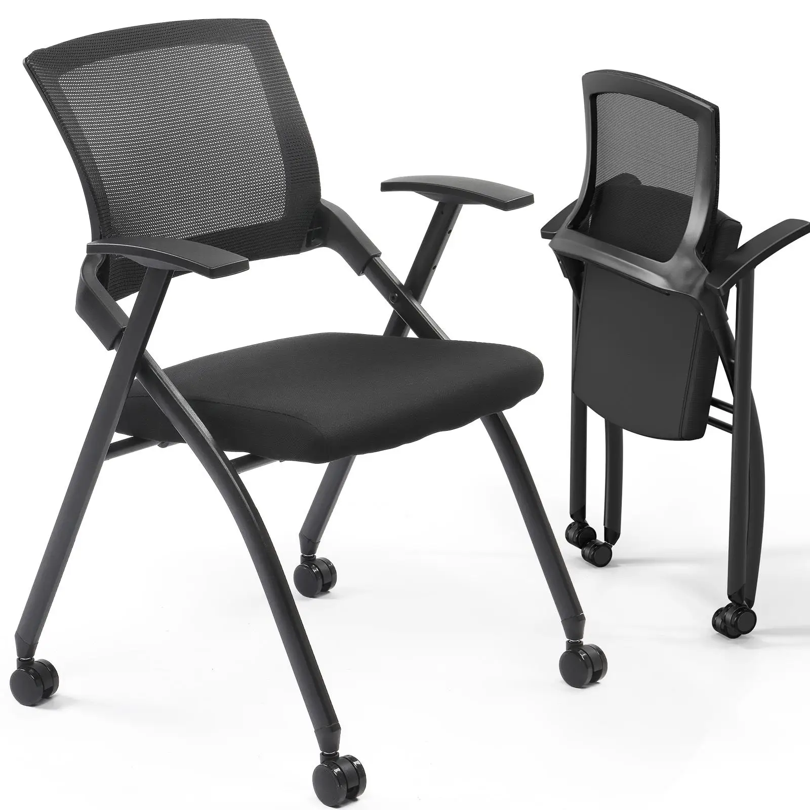 2 Pack Stackable Rolling Office Chairs with Cushioned Seat & Elastic Back, 350lbs Capacity for Events & Meetings - Black