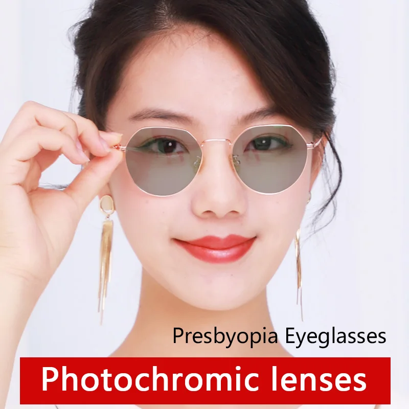 

Photochromic Anti Glare Reading Glasses for Women, Spectacles With Gold Wire Frames Tinted Eyeglasses, Magnifying Presbyopic