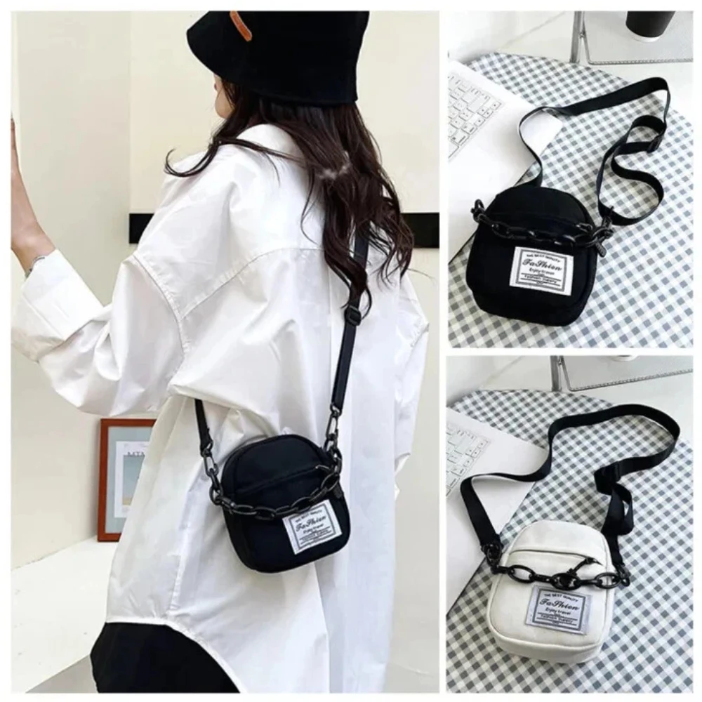 Women Canvas Shoulder Bag Simple Small Messenger Crossbody Bags Chain Mini Phone Pouch Zipper Purse