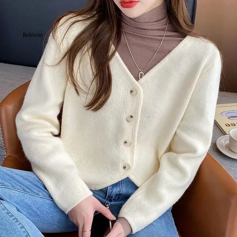 

Solid Color Long Sleeve Knitted Cardigan Women Outer Top 2022 Autumn and Winter Cardigans New Short V-neck Sweater Coat