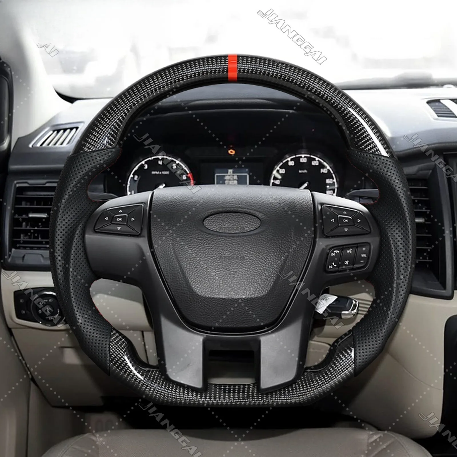 

Real Carbon Fiber Steering Wheel Round-Top Flat-Bottom Red Position Line Fit For Ford Ranger PX2 PX3 2016-2020 Car Accessories