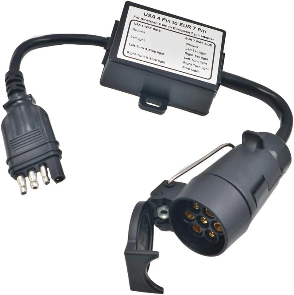 

Преобразователь света прицепа из США в Европу. 4-контактный плоский разъем (автомобиль США) в 7-контактную круглую вилку (европейский прицеп)