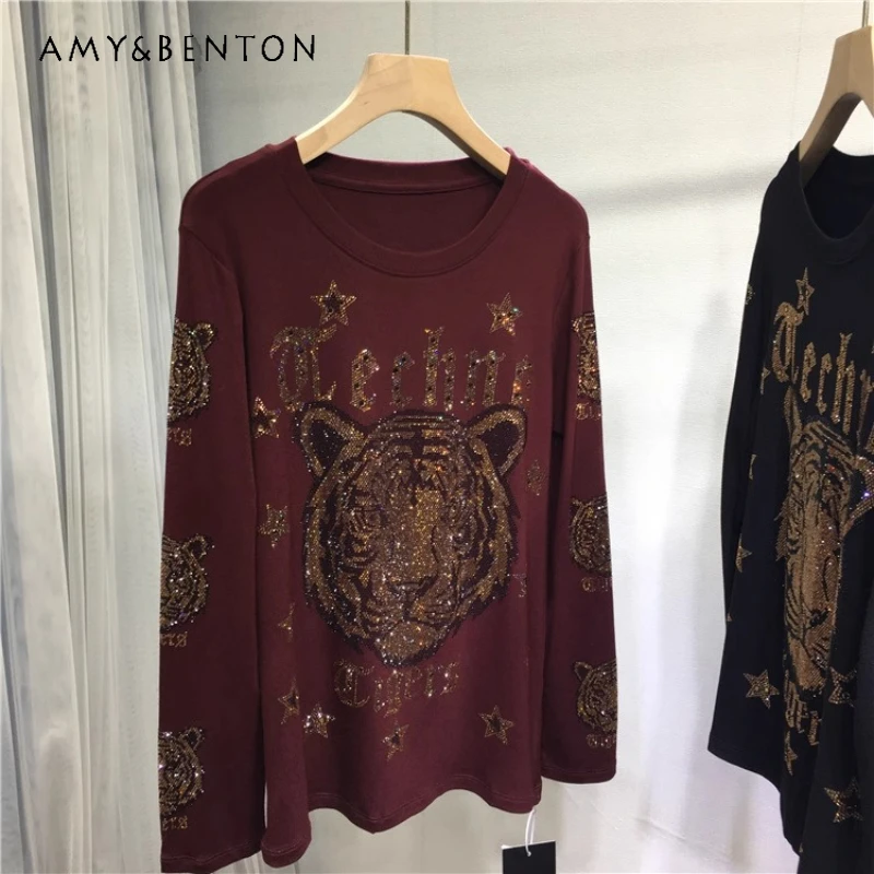 

New Autumn And Winter Long Sleeves T-shirt Heavy Industry Rhinestone Bottoming Shirt Ladies Slim Fit Crew Neck Cartoon Tshirts