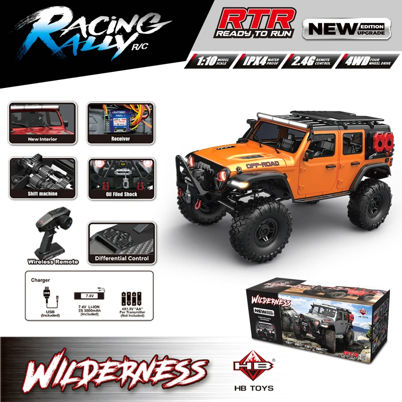 HB RC Cars R1011-1 Jeep Wrangler 1:10 4WD Off-Road Vehicle with Electric Winch+Differential Electric Model kids Christmas Gift