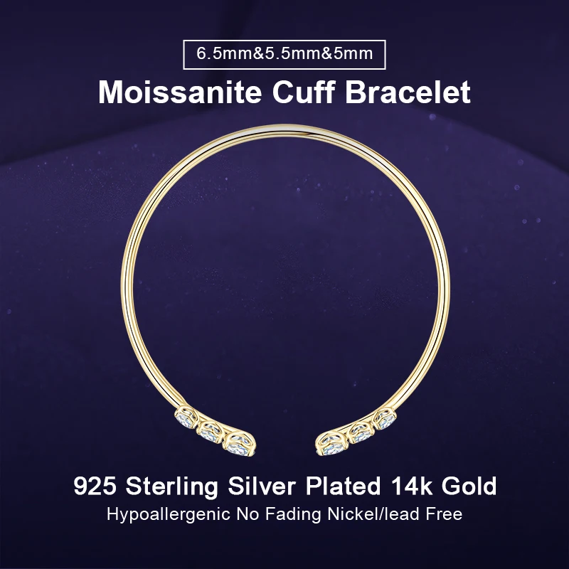 

IOGOU Moissanite Diamond Cuff Bracelet Inlaid 6.5mm&5.5mm&5mm D Color Pure 925 Sterling Silver Fashion Open Bracelet for Women