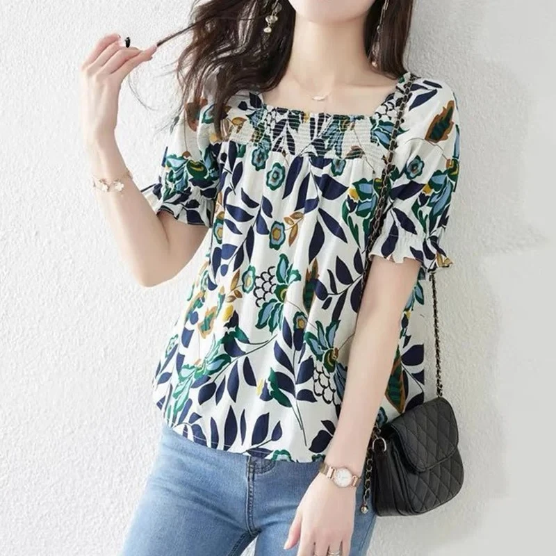 

Летняя корейская модная шифоновая рубашка с воротником и цветочным принтом, с пышными рукавами и короткими рукавами, элегантная свободная повседневная блузка для женщин ZT472