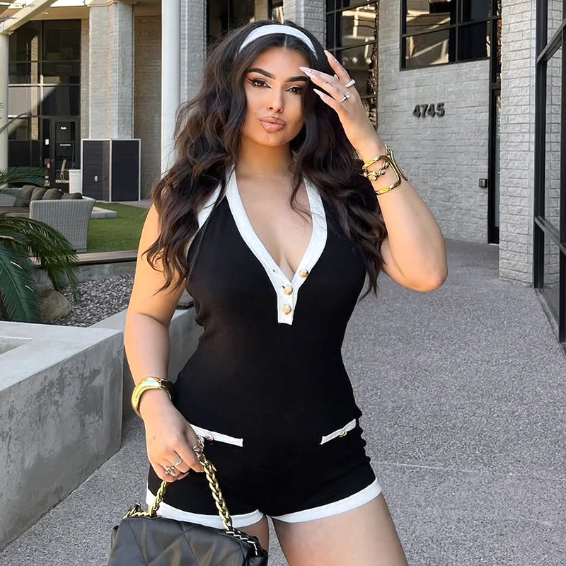 CUTENOVA المرأة اللون الاصطدام رابطة عنق على شكل حرف v عارية الذراعين زر الزخرفية Playsuits مثير موضة الاتجاه سليم الشارع الشهير بلايسوت