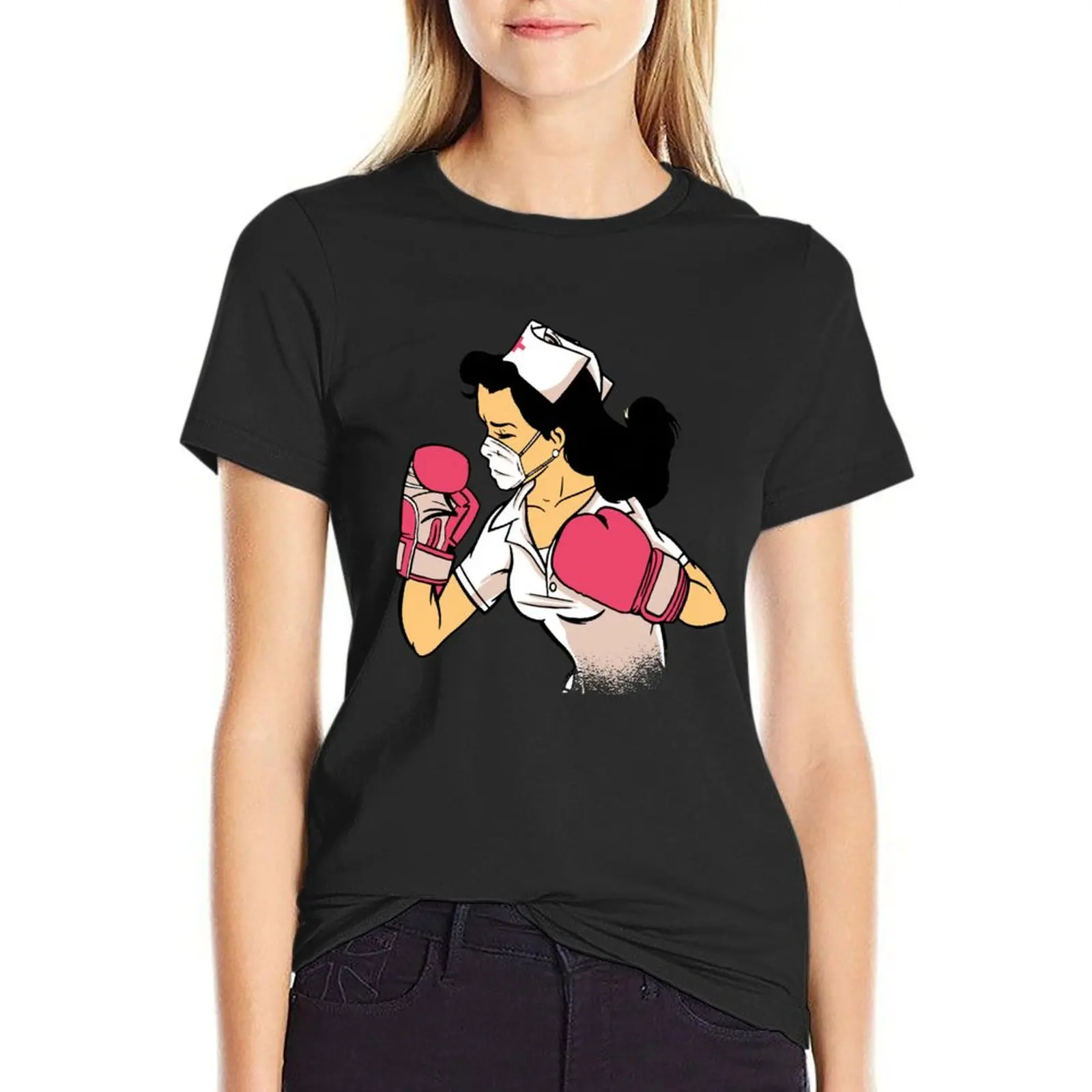 

Black Hair Boxing Nurse With Mask T-Shirt new edition customs summer clothes sweat white t shirts for Women