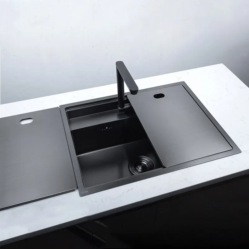 Stainless Steel Kitchen Sink with Folded Faucet Hidden Kitchen Basin Double Bowl Black Sink Nano Above Counter or Undermount