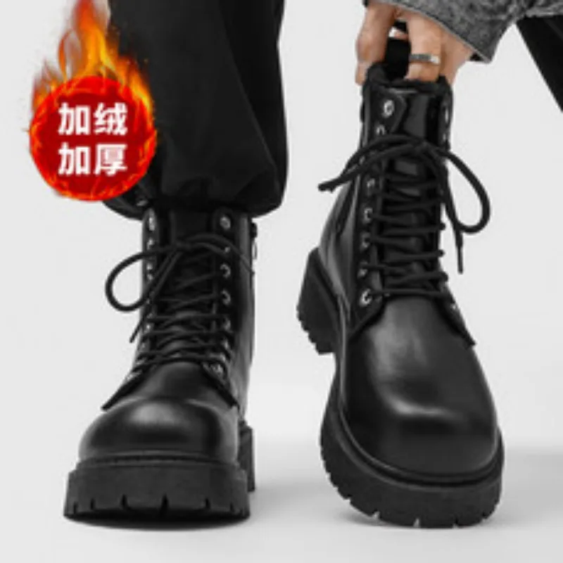 

New Autumn and Winter Men's Boots Black High-top Mid-tube British Style Work Shoes Round-toe Men's Thick-soled Snow Boots