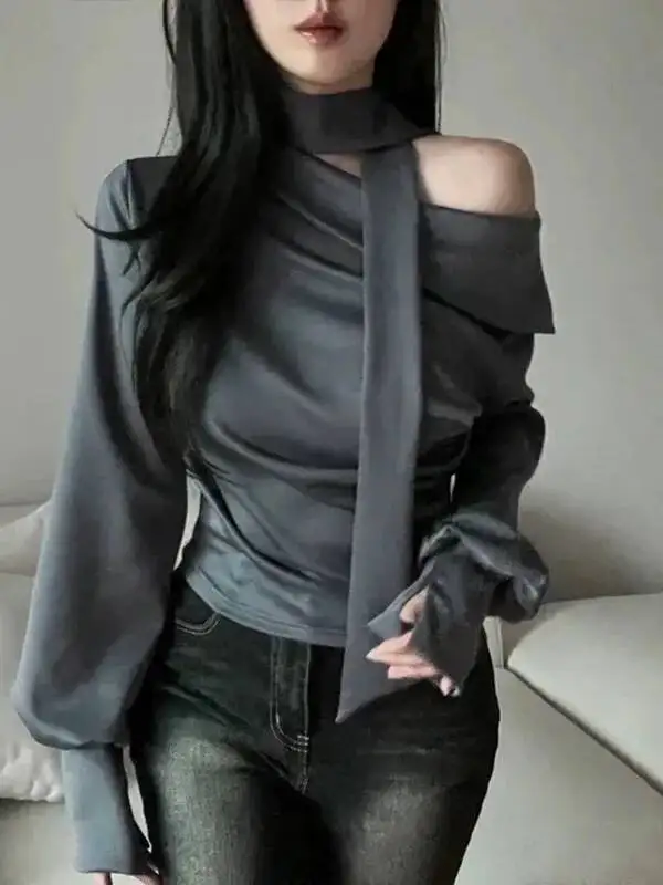 

Осенне-зимняя корейская версия топа с асимметричным воротником, открытыми плечами, длинными рукавами, асимметричной застежкой на талии, облегающий, повседневный, универсальный топ V9V4