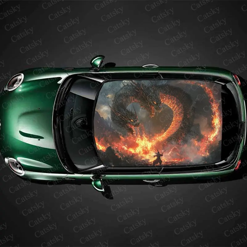 Dragon with Fiery Body Car Roof Sticker Wrap Racing SUV Auto Accessories Packaging Painted PVC Car Hood Graphic Decal Decoration