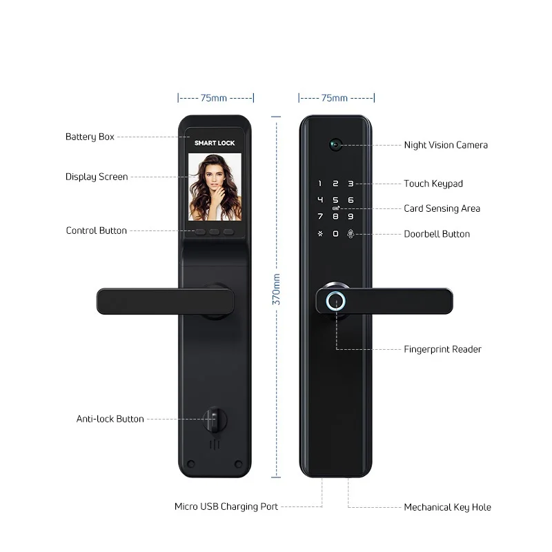 WIFI Tuya Security Digital Fingerprint Lock Anti-theft Home Security Remote Unlock Fully Automatic Smart Door Lock with Camera